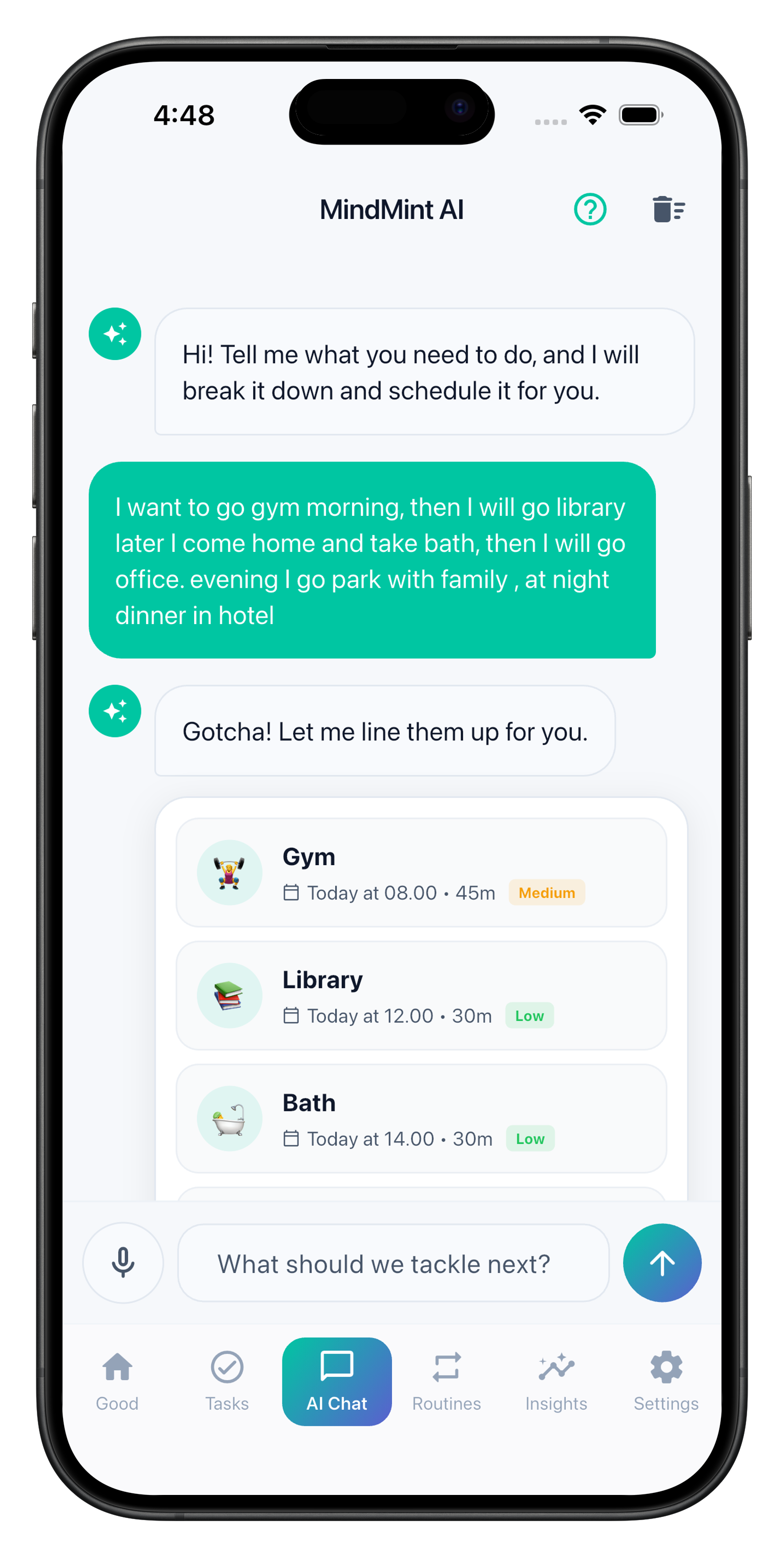 MindMint AI Routine Planner screen showing a time-blocked daily schedule