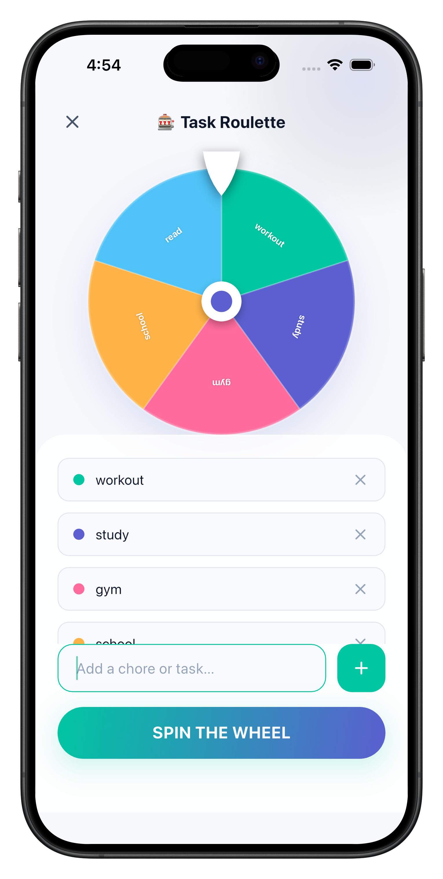 MindMint Task Roulette screen for ADHD productivity